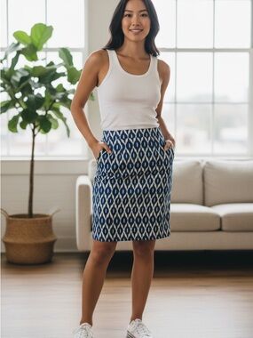Annabella Blue & Cream Ikat Pencil‎ Skirt (Size S)